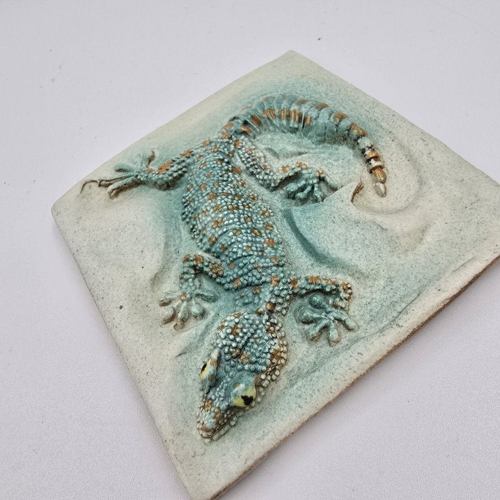 Natalie Surving 1992 Studio Pottery Tokay Gecko Lizard Relief Ceramic Tile Art